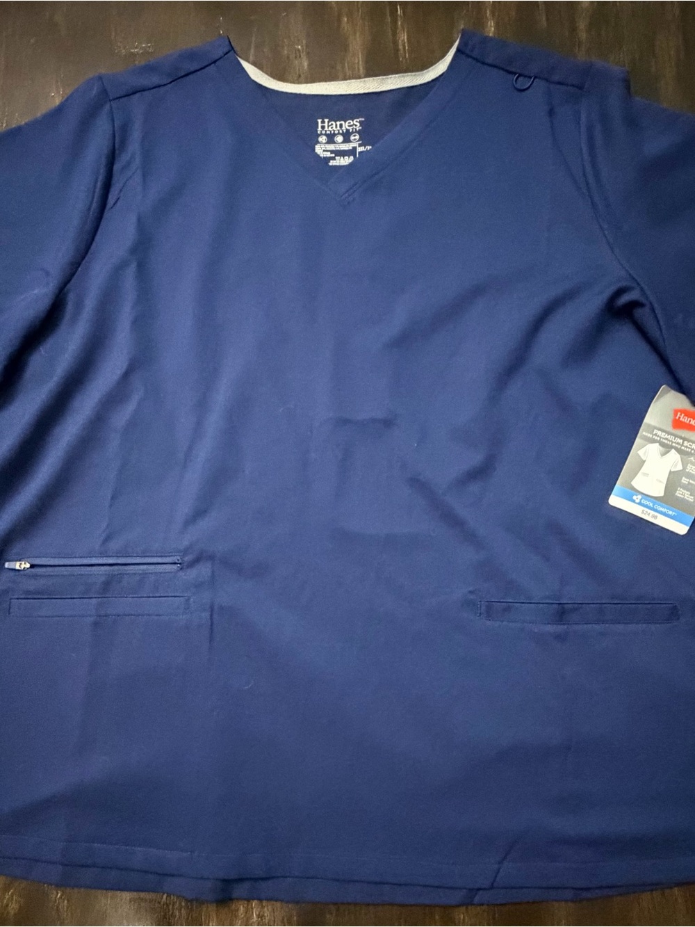 Hanes Navy V-Neck Medical Top with Contrast Trim
